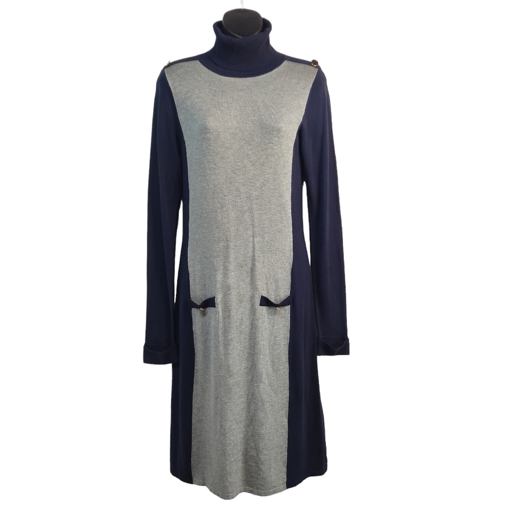 The Limited Gray & Navy Blue Colorblock Turtleneck Midi Sweater Dress Size S
